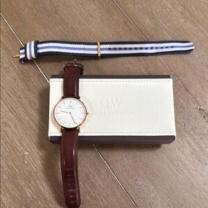 Daniel Wellington Brown Leather Watch with Extra Blue and White Strap
